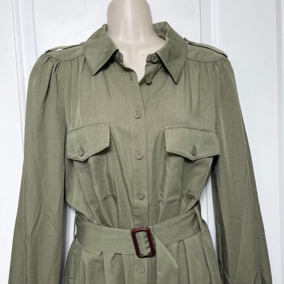 PAIGE Olive Green Utility Belted Mini Shirt Dress Cotton Twill Long Sleeve S - Picture 3 of 13